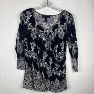 I-N-C Women’s shirt blouse XL 1/2 Sleeve Wrap Shirt Blue Paisley INC